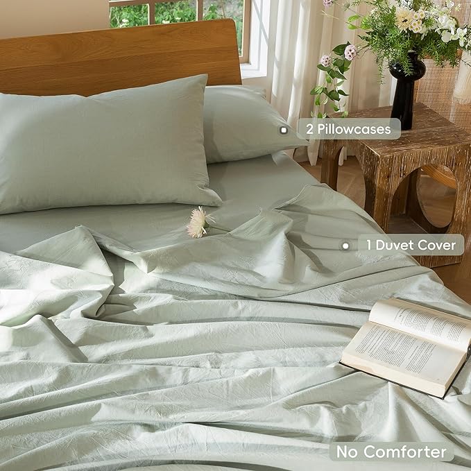 MooMee Bedding Duvet Cover Set 100% Washed Cotton Linen Like Textured Breathable Durable Soft Comfy (Heathered Sage Green, Super King Plus 120"x120")