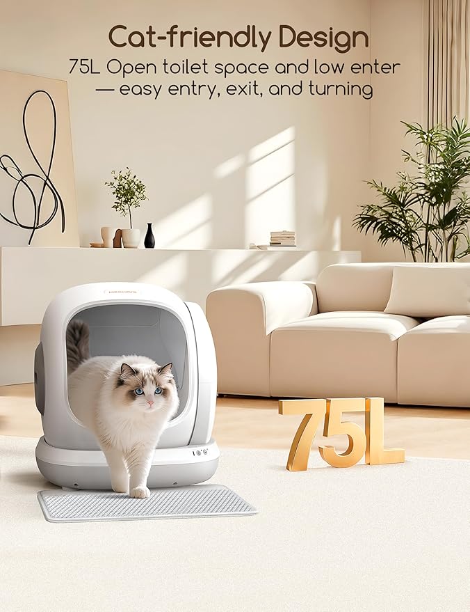 Meowant Self Cleaning Litter Box, Automatic Litter Box Self Cleaning with APP Control, 75L Extra Large Open Low Entry Smart Cats Litter Boxs for Multi-Cat Compatible Senior Cats Large Cats-Mewly Pet