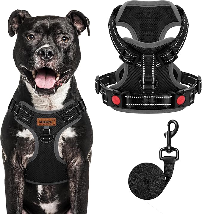 MIDOG No-Pull Dog Harness | Adjustable & Reflective Pet Harness Leash Set for Small Medium Large Dogs Walking, Training| No Choke, Front Clip, Soft Padded Vest with Easy Control Handle - Black, L-Mewly Pet
