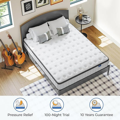 Vesgantti Queen Mattresses 12 Inch Hybrid Pillow Top Queen Size Mattress in a Box, Memory Foam and Pocket Coil Innerspring Mattresses, Cooling & Silent Sleep, Pressure Relief, Medium Feel