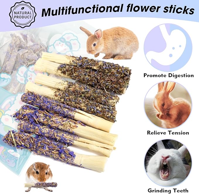 Abizoo Sweet Bamboo Rabbit Chew Sticks Treats and Toys 8Pcs Natural Hay with Forget-Me-Not Lavender for Bunny Guinea Pig Chinchilla Dental Care-Mewly Pet