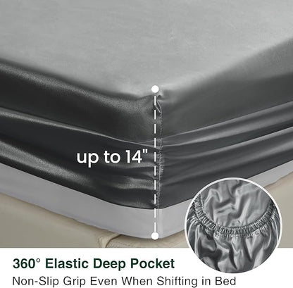 Love's cabin Satin King Sheet Sets - 4 Piece Dark Grey Silky Sheets King Size Bed Set with Deep Pocket, Luxury Silk Feel King Size Satin Sheet Set (1 Flat Sheet,1 Fitted Sheet,2 Pillow Cases)
