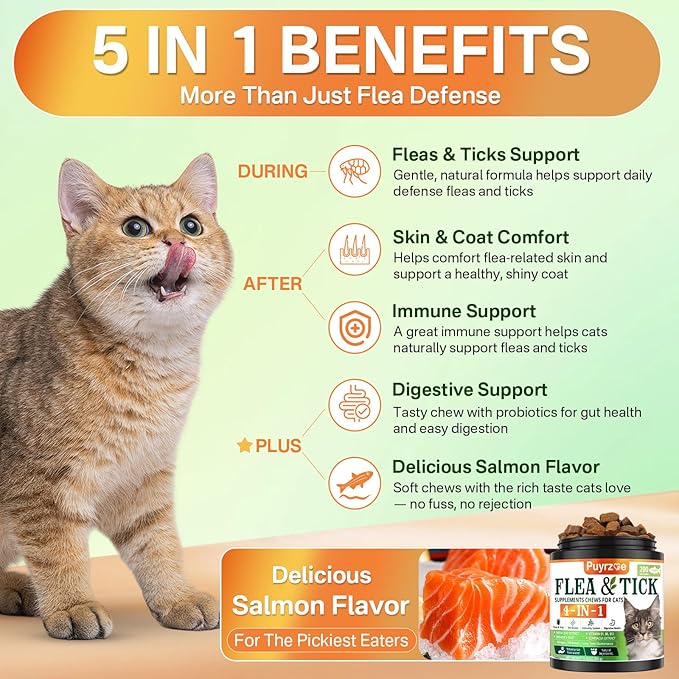 4-in-1 Flea Treatment for Cats Chewable, Natural Cat Flea and Tick Prevention Chewable Supplement for Skin & Coat | Immunity Support | Digestive | Flea & Tick Treatment for All Breeds & Sizes-Mewly Pet