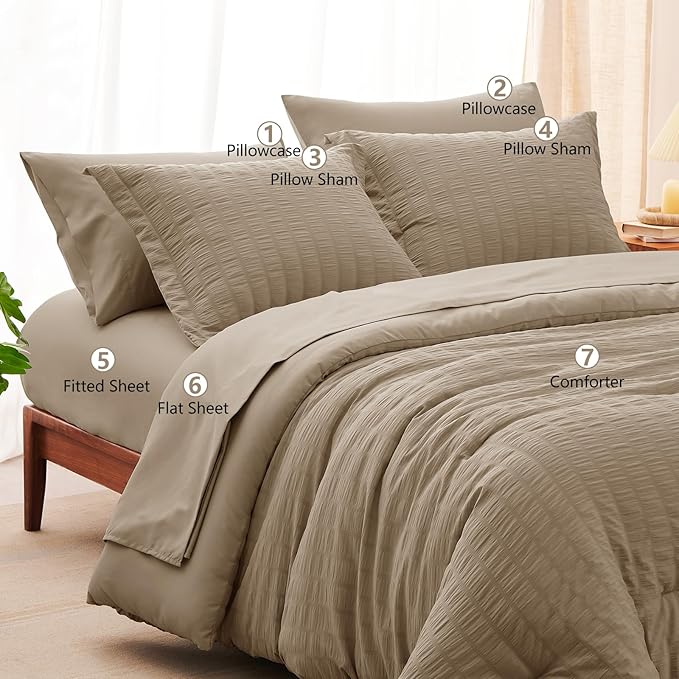 CozyLux King Size Comforter Set Taupe Seersucker 7 Pieces Bed in a Bag King Comforter Set with Sheets, Luxury Soft Bedding Set with Down Alternative Comforter, Sheets, Pillowcases & Shams All Seasons