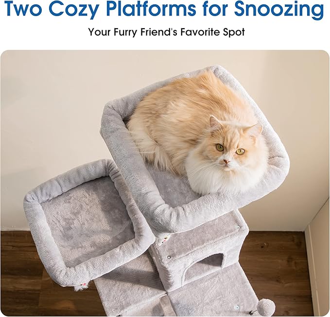 MWPO 70.1-Inch Large Cat Tree, Multi-Level Tall Cat Tower for Indoor Cats, Plush Cat Condo with Big Padded Perches, Sisal-Covered Scratching Posts, Hammock, Toys for Kittens & Cats - Light Grey-Mewly Pet
