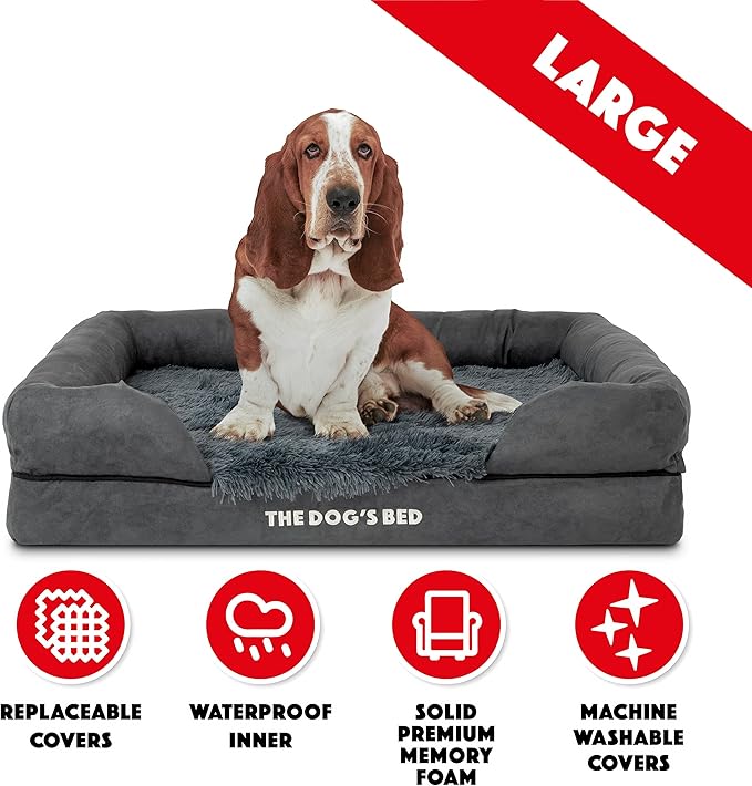 The Dog’s Bed, Large Grey Fur, Memory Foam, Pain Relief: Arthritis, Hip & Elbow Dysplasia, Post Surgery, Lameness, Supportive, Calming, Waterproof Washable Cover, Veterinary Approved-Mewly Pet