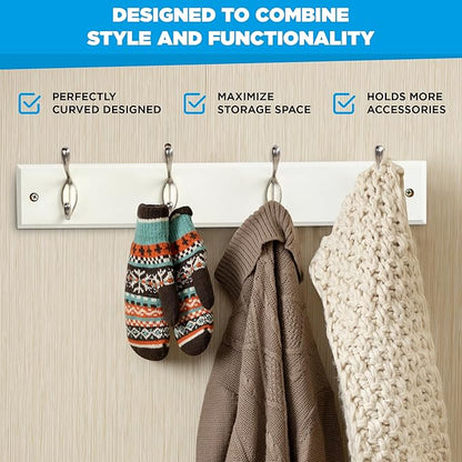 GlazieVault Coat Hooks Wall Mounted - MDF Board Nickel Hook Coat Rack(2 Pack) - Heavy Duty White -Coat Hooks for Wall Clothes Hooks and Wall Hooks