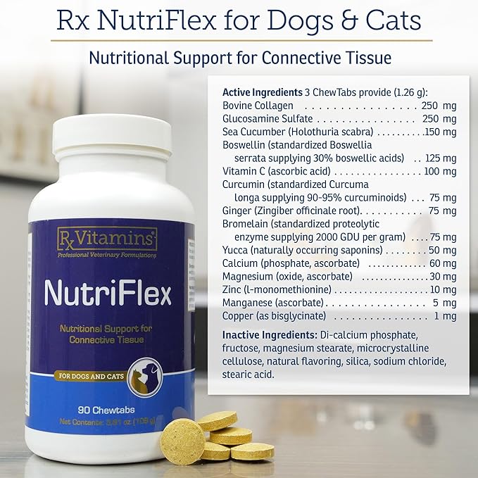 Rx Vitamins NutriFlex for Cats & Dogs - Glucosamine for Dogs Hip and Joint Supplement - with Bovine Collagen and Chondroitin - Joint Pain Relief & Anti Inflammatory for Dogs - Beef Liver (90 Chews)-Mewly Pet