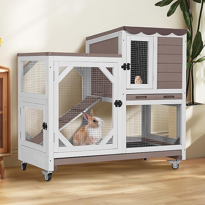 Rabbit Hutch 2-Story Wooden Bunny Cage with 2 Leak-Proof Sliding Trays, Chew-Proof Metal Mesh, Rainproof Cover, Indoor & Outdoor Guinea Pig House with Wheels - Brown-Mewly Pet