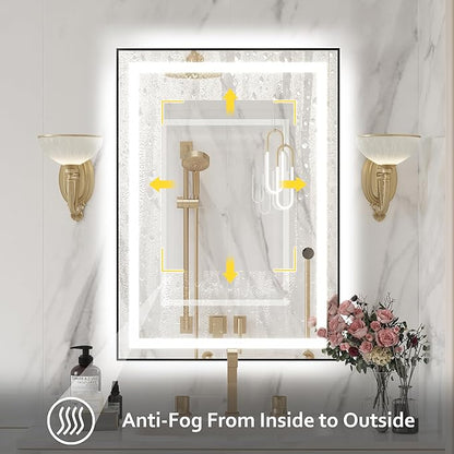 20"x 28" LED Bathroom Mirror with Black Frame, Bathroom Mirror with Lights Front and Backlit, Lighted Mirror Stepless Dimmable, Anti-Fog, Memory, LED Vanity Mirror with Lights 3 Colors