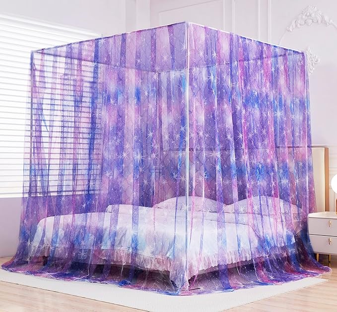 Mengersi Tie Dye Canopy Bed Curtains with Lights,Gradient Ombre Bed Canopy for Girls,Canopy for Bed Princess Bed Drapes for Girls Room Decor(Twin,Purple)