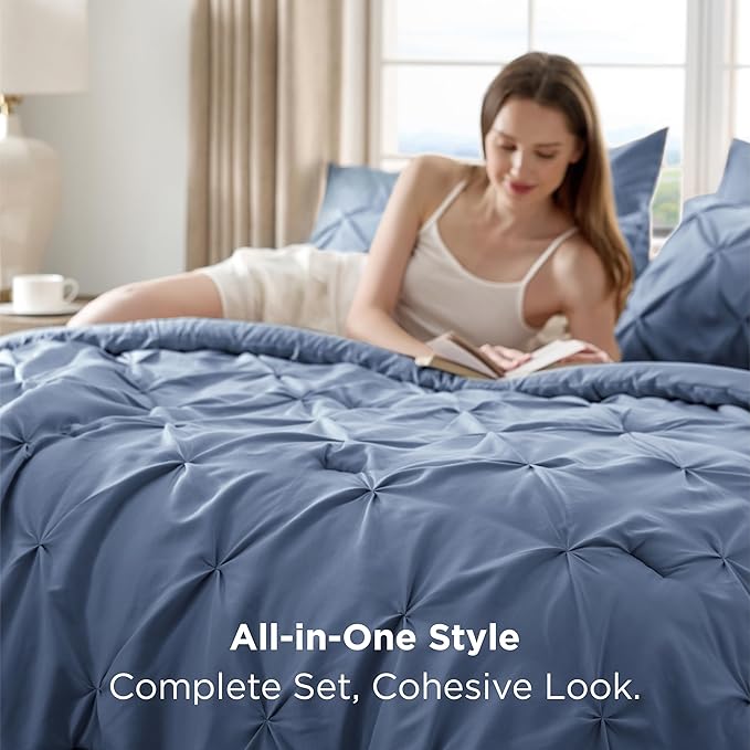 Bedsure Full Comforter Set Slate Blue - Bed in a Bag Full Size Bedding Set 7 Pieces, GentleSoft™ Pintuck Bed Set Gift for Family, Pinch Pleat All Season Comforter with Sheets, Pillowcases & Shams
