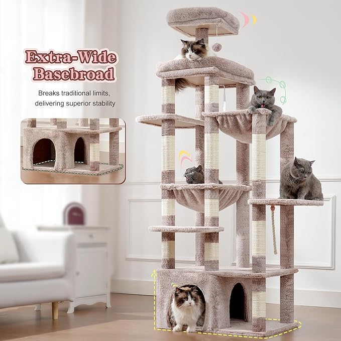 Heybly Heavy Duty Cat Tree, 71-Inch Tall Tower for Large Maine Coon with Extra-Large Baseboard, Cat Condo Furniture with Multi-Level Platforms, 2 Hammocks and 12 Scratching Posts, Muchroom HCT037MU-Mewly Pet