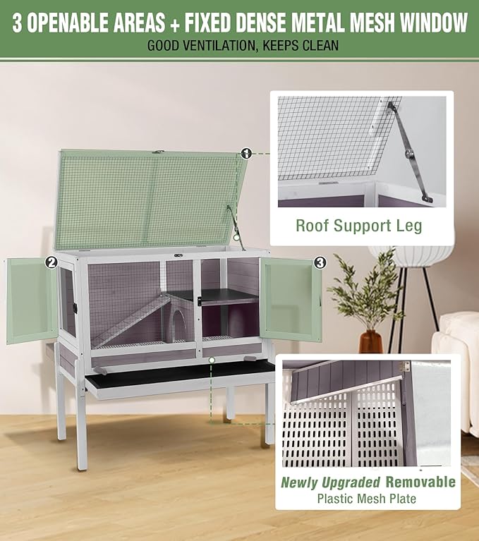 GUTINNEEN Guinea Pig Cage Rabbit Cage Indoor with Chew-Proof Edges, Clean Deep Tray, Leakproof PVC Layer, Small Animals Cage with Adjustable Legs - Grey-Mewly Pet