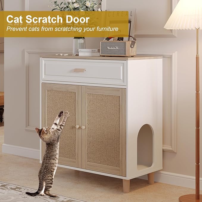 Cat Litter Box Enclosure Furniture Hidden Indoor 2-in-1 Wooden Cat House & Washroom Cabinet with Scratching Board Doors and Drawer, 31.5"x15.7"x34.6"H-Mewly Pet