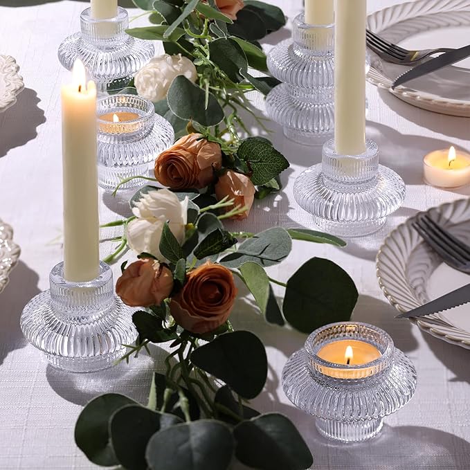 Glass Candlestick Holders -10Pcs Taper Candle Holders Clear Candle Sticks Holder Decor Ribbed Glass Votive Candle Holder for Table Centerpiece Wedding Christmas Dinner Party