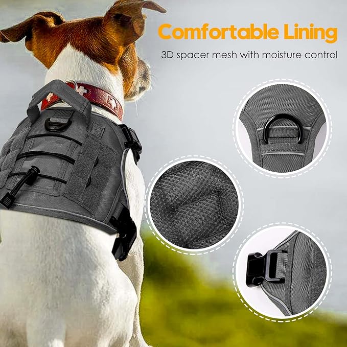Heavy-Duty Tactical Dog Harness for Large Dogs, No Pull Adjustable Reflective Pet Vest with Molle System, K9 Military-Grade Control for Service Training, Outdoor & 10+ Breeds, Gray, Medium-Mewly Pet
