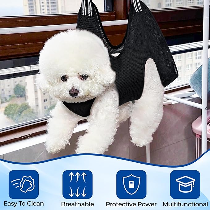 Pet Grooming Hammock for Cats & Dogs, Breathable Mesh Dog Hanging Harness for Nail Trimming, Grooming, Bathing Includes S Hooks, Comfortable Dog Grooming Harness (Black)-Mewly Pet