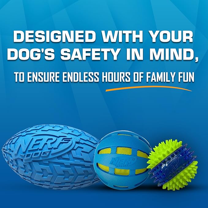 Nerf Dog Toy Gift Set, 3-Piece Set of Outdoor Dog Toys for Fetch, Includes Checker Crunch Ball, Spike LED Squeak Ball and Tire Squeak Football-Mewly Pet