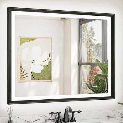 TETOTE LED Mirror for Bathroom Black Metal Frame 40x32 Frontlit & Backlit Lighted Vanity Mirror Baroque Gothic Anti Fog Stepless Dimmable White/Warm/Natural,CRI90+,Waterproof(Horizontal/Vertical)