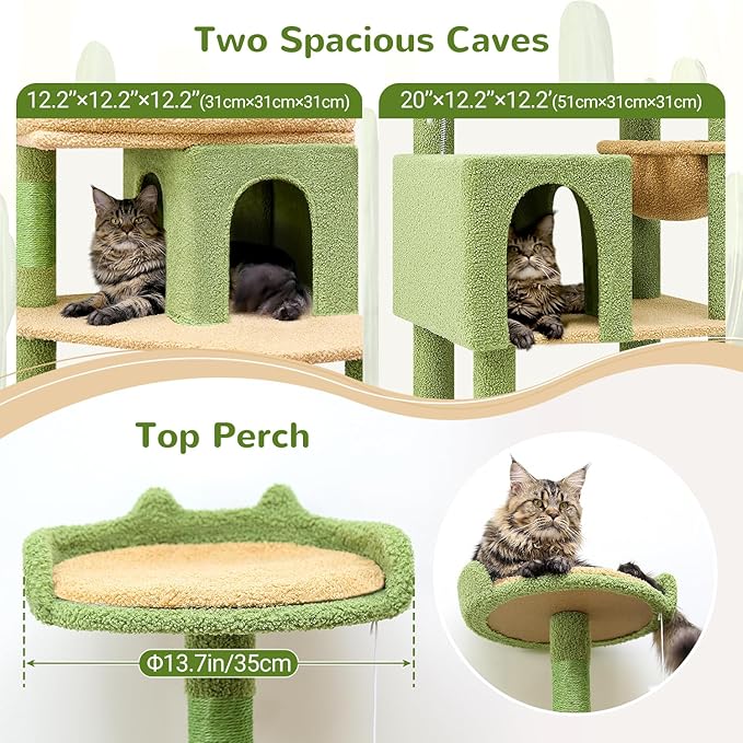 Globlazer Heavy Duty Cactus Cat Tree for Large Cats, Sturdy 72in Maine Coon Cat Tree for Large Cats 20 lbs+ Cactus Cat Tower for Adult Biggest Cats with 6 Scratching Posts, Hammock, S72, Green-Mewly Pet