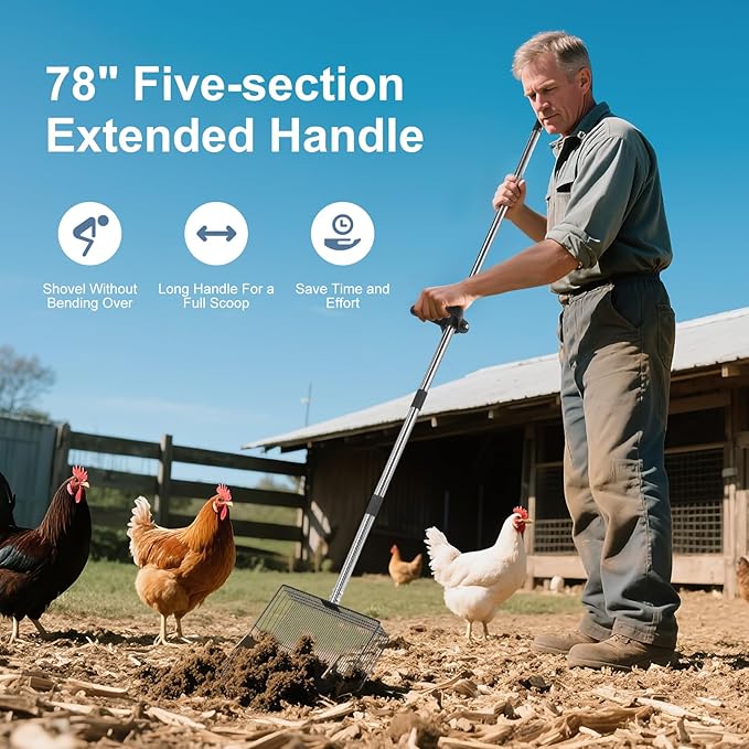 15" Widely Chicken Coop Poop Scooper- Ergonomic Chicken Poop Scooper with 38" to 77" Adjustable Long Handle, Extra-Large Scoop for Sand and Litter, Easy-to-Clean, Multi-Scene Use for Poultry-Mewly Pet
