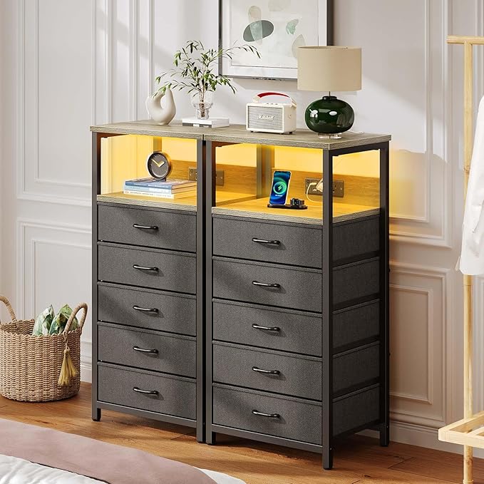 Seventable Night Stand with Charging Station, Tall Nightstand with 5 Fabric Storage Drawers, Side Table with LED Light for Bedroom, Entryway, Greige, Set of 2