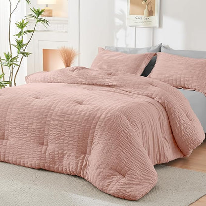 HYMOKEGE Rose Gold/Light Grey California King Comforter Set Seersucker 7 Pieces, All Season Luxury Bed in a Bag for Bedroom, Bedding Set with Comforter, Sheets, Pillowcases & Shams