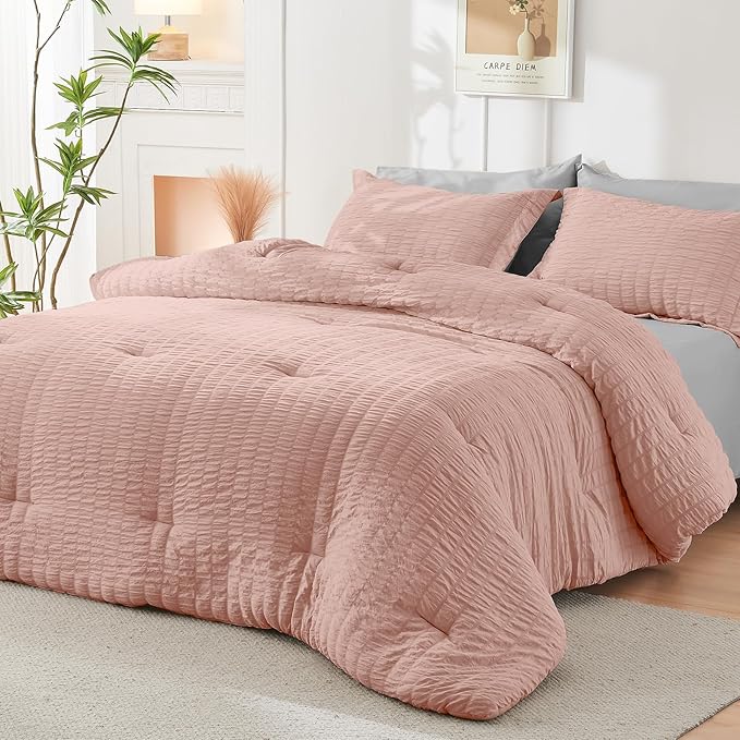 HYMOKEGE Rose Gold/Light Grey Full Size Comforter Sets Seersucker 7 Pieces, All Season Luxury Bed in a Bag for Bedroom, Bedding Set with Comforter, Sheets, Pillowcases & Shams