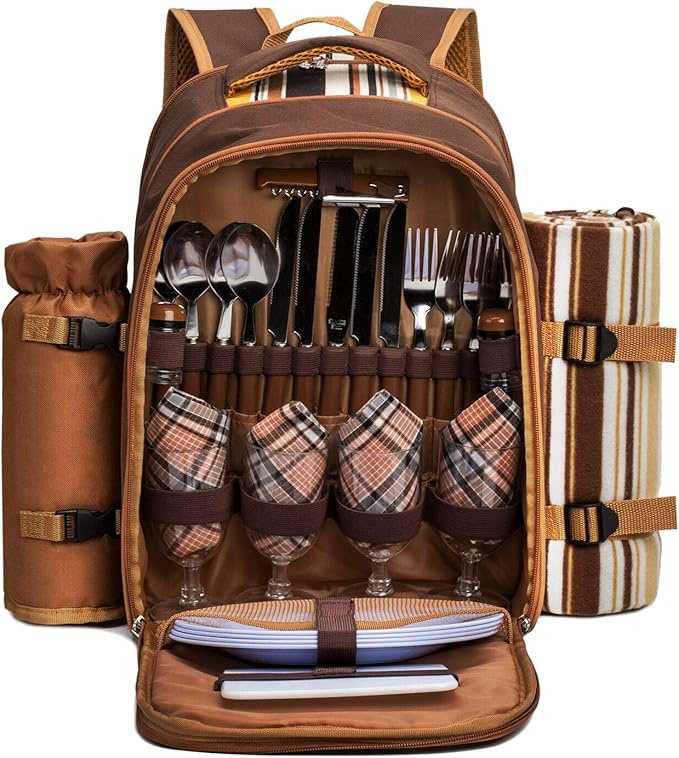 Apollo Walker Picnic Backpack Bag for 4 Person with Cooler Compartment,Wine Bag, Picnic Blanket(45"x53"),Best for Family and Lovers Gifts (Brown)-Mewly Pet