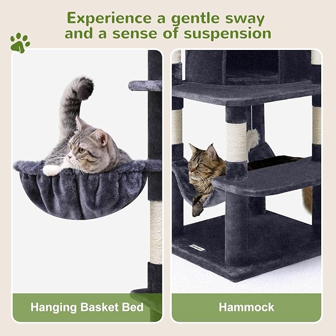 Globlazer Corner Cat Tree for Large Cats, 66inch Tall Curved Series Large Cat Tower for Multiple Indoor Cats with 6 Scratching Posts, 2 Spacious Cat Condos, Hammock, Hanging Basket, C66, Dark Grey-Mewly Pet