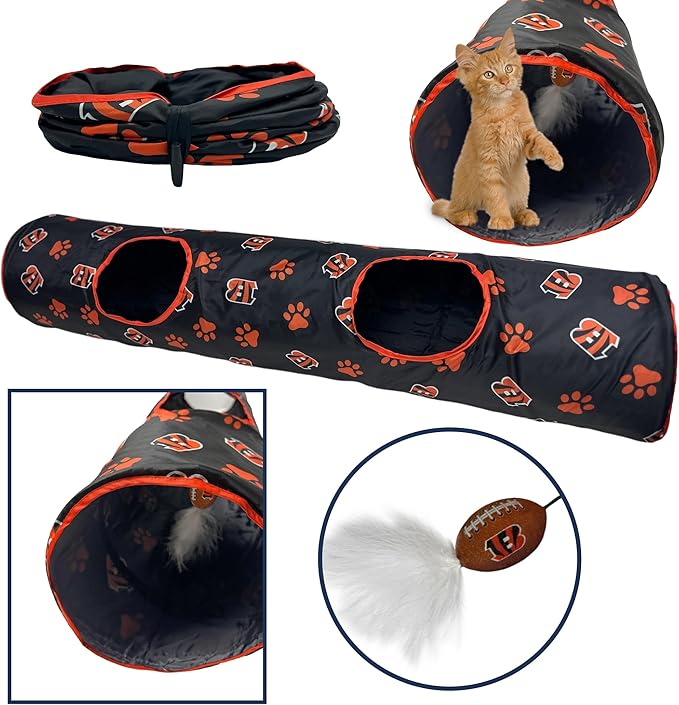 NFL Cincinnati Bengals Cat Tunnel Tube Toy with Plush Football Catnip and Feathers Collapsible Tunnel for Cats to Play, Peek and Hide, Sporty & Fun Cat Tunnel Toy with Team Logo All-Over Design!-Mewly Pet