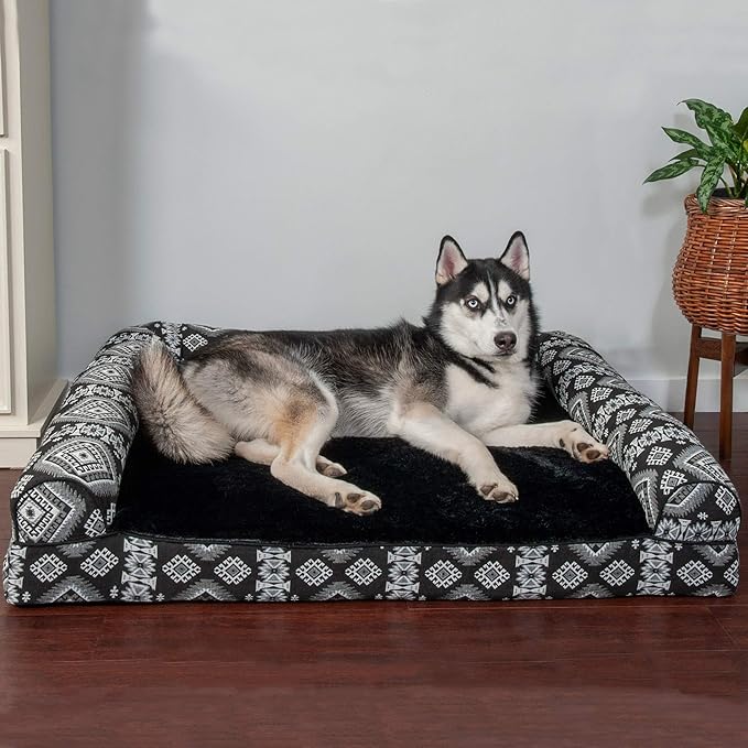 Furhaven Orthopedic Dog Bed for Large Dogs w/ Removable Bolsters & Washable Cover, For Dogs Up to 95 lbs - Plush & Southwest Kilim Woven Decor Sofa - Black Medallion, Jumbo/XL-Mewly Pet