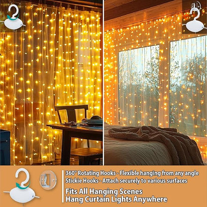 HXWEIYE 300LED Fairy Curtain Lights, 9.8x9.8Ft USB Plug-in 8 Modes Christmas String Hanging Lights with Remote for Bedroom Backdrop Wedding Party Indoor Wall Decor, Warm White, Standard