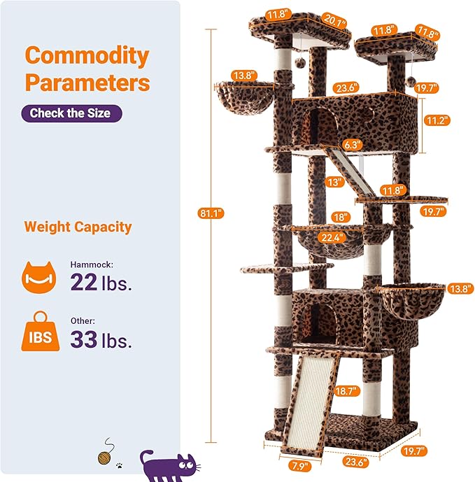 Allewie 81 Inches Tall Cat Tree/Multi-Level Large Climbing Tree House and Towers for Big Feline/Condo and Hammock/Scratching Post/Wide Base/Leopard Print-Mewly Pet