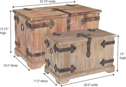 Household Essentials 2 Piece Decorative Trunks, Victorian Set, Small and Large, Chinese Fir Wood, Aged-Wood Finish with Metal Accents, Fully Opening Lid, Stout Design, Ring Handles