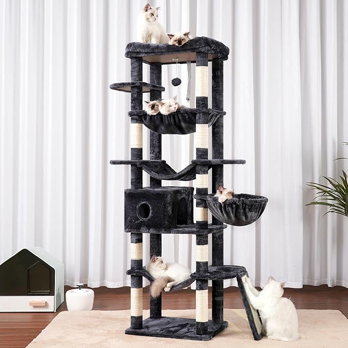 Hey-brother Cat Tree, 69.3-Inches Multi-Level Plush Cat Tower for Indoor Cats with Large Top Perch, Extra Spacious Hammock, 2 Hammocks Ramp, Hanging Ball, Smoky Gray MPJ037G-Mewly Pet