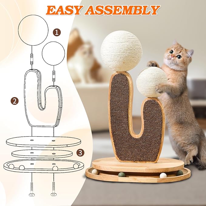 Cactus-Shaped Cat Scratching Post with Cat Scratcher, Interactive Toy Balls, Handmade with Natural Materials, Cute Cat Scratching Post, Easy-to-Clean Cat Furniture-Mewly Pet