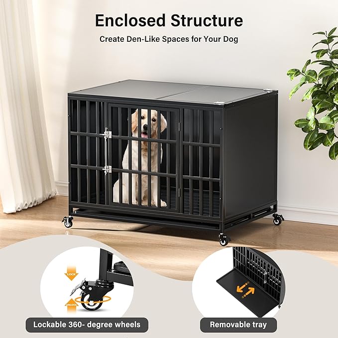 42 inch Heavy Duty Dog Crate with Self-Locking Latch, Indestructible Steel Large Kennel with Enclosed Design, Chew-Proof and Escape-Proof Pet Cage for High Anxiety Dogs-Mewly Pet