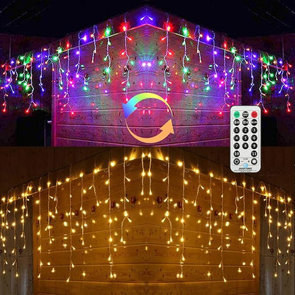 Toodour Christmas Icicle Lights Outdoor, 2 in 1 Warm White & Multicolor Color Changing Icicle Lights with 60 Drops, 29.5ft 360 LED Christmas Light Fairy Twinkle Light for Wedding Home Xmas Decor