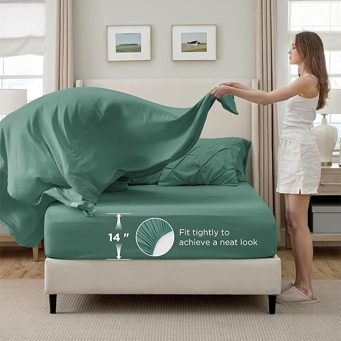 Bedsure California King Comforter Set Graysih Green - Bed in a Bag Cal King Bedding Set 7 Pieces, GentleSoft™ Pintuck Bed Set Gift for Family, Pinch Pleat Comforter with Sheets, Pillowcases & Shams