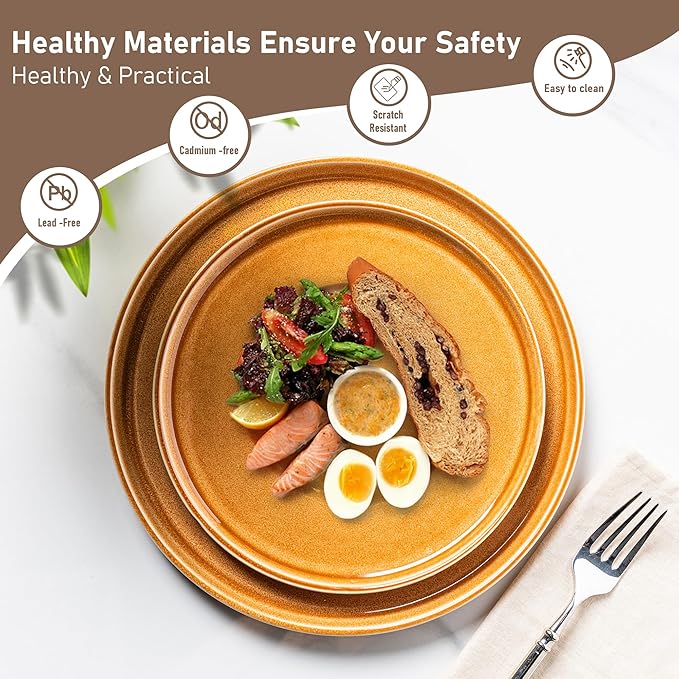 GBHOME Ceramic Dinnerware Sets for 4, 12 Pieces Stoneware Plates and Bowls Sets, Scratch Resistant Dishes, Dishwasher & Microwave Safe, Reactive Glaze-Amber-Mewly Pet