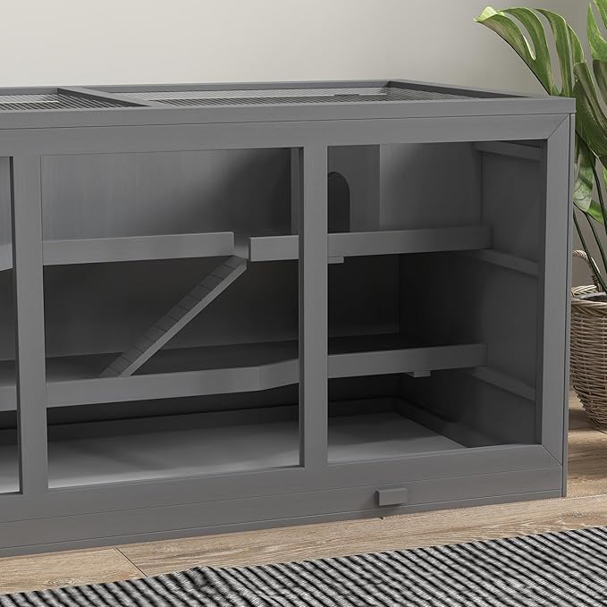 PawHut 45" Extra Large Wooden Hamster Cage, 3-Layer Chewproof Rat Cage with Opening Roof, Hut, Ramps, for Gerbil, Dwarf & Syrian Hamsters, Gray-Mewly Pet