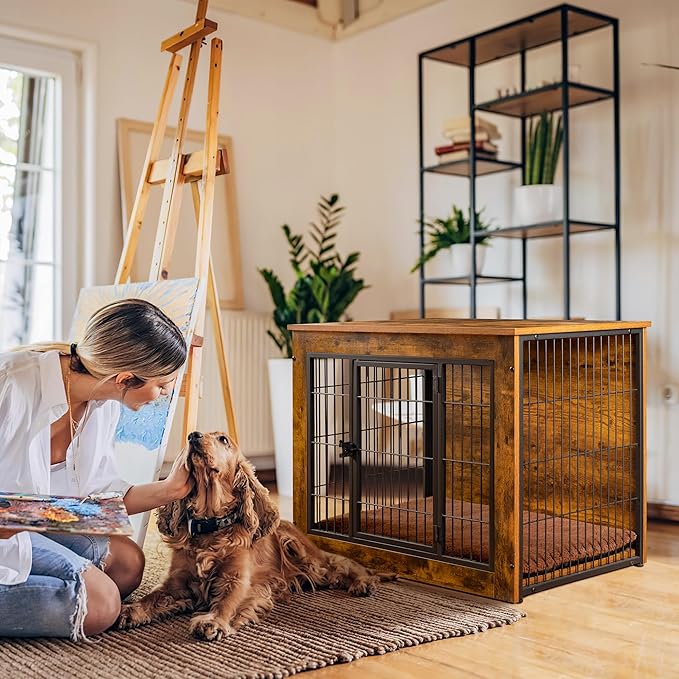 Bigrab Dog Crate Furniture with Thick Cushion, Side End Table Wooden Dog Cage with Double Doors, Chew-Resistant Dog Kennel Dog House Indoor for Small to Large Dog, M-Mewly Pet