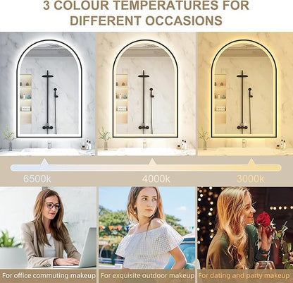 S'bagno 24x36 Arched Black LED Mirror for Bathroom with Frontlit & Backlit, LED Bathroom Mirror with Metal Frame, Anti-Fog, Stepless Dimmable, 3 Color Temperature Vanity Mirror