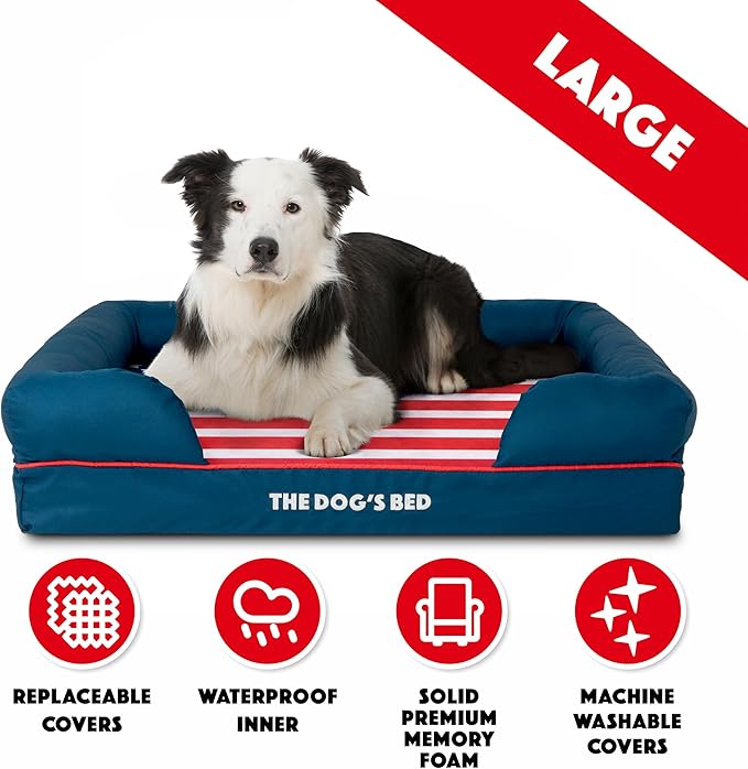 The Dog’s Bed, Large Blue Oxford with Red Trim USA Flag Dog Bed with Central Flag 36x27 Memory Foam, Pain Relief: Arthritis, Post Surgery,Waterproof Washable Cover, Veterinary Approved-Mewly Pet