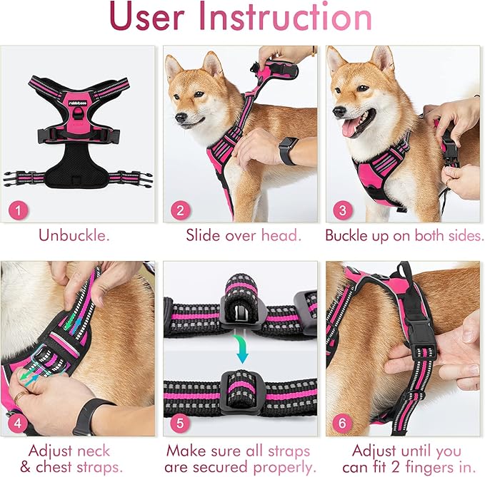 rabbitgoo Dog Harness No Pull with 2 Leash Clips, Adjustable Soft Padded, Reflective Oxford No Choke Pet Vest with Easy Control Handle for Large Dogs, Hot Pink, L-Mewly Pet