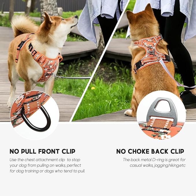 Timos Dog Harness for Medium Dogs, No Pull Service Vest with Reflective Strips and Control Handle,No Choke Dog Harness with 2 Metal Rings for Easy Walking,Outdoor Training,Flower Orange, M-Mewly Pet
