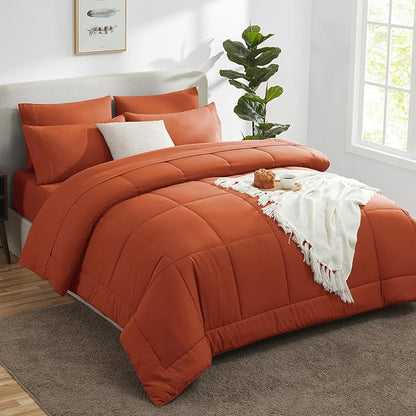CozyLux Full Size Comforter Sets Terracotta, 7 Pieces Bed in a Bag, Burnt Orange Fall Comforter Full Size, All Season Bedding Sets with Stitch Quilted Comforter, Flat Sheet, Fitted Sheet, Pillowcases