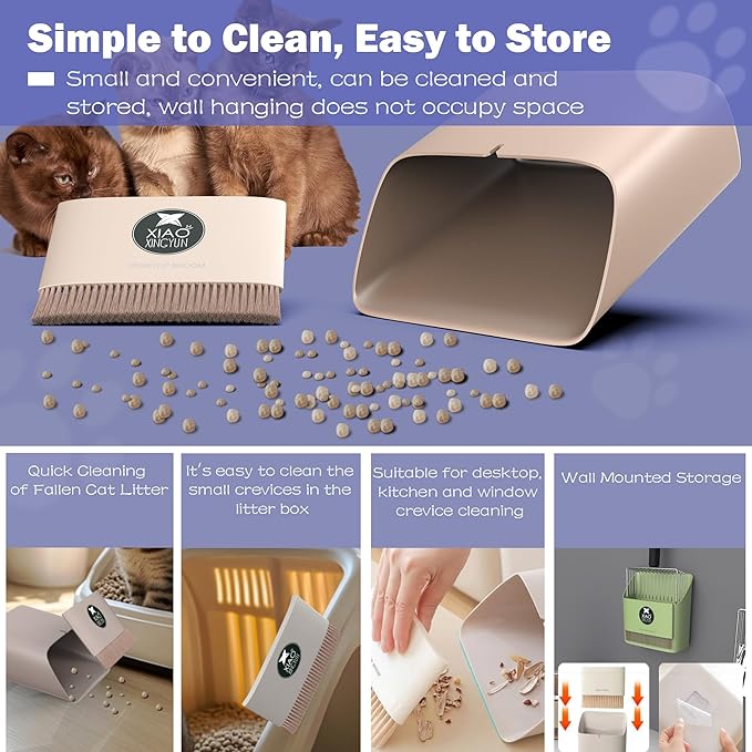 Cat Litter Scooper with Holder, Metal Litter Scoop Includes Portable Small Broom and Dustpan Set, Heavy Duty Stainless Steel Litter Scoop with Coarse and Fine Grid, Quick Sift and Easy Clean-Mewly Pet